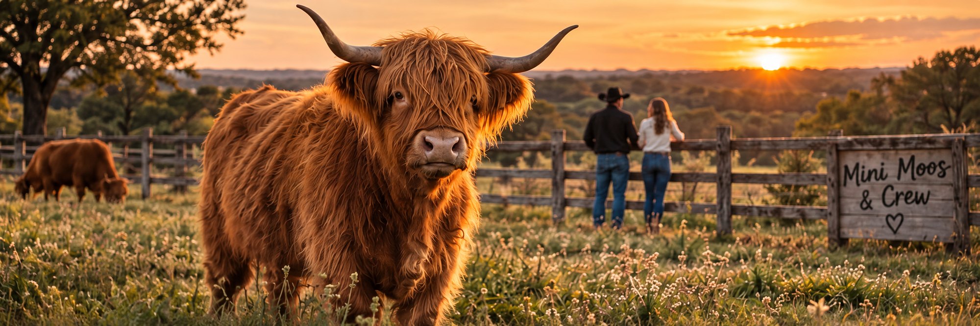 Illustrative sunset scene with a Highland cow in a golden pasture